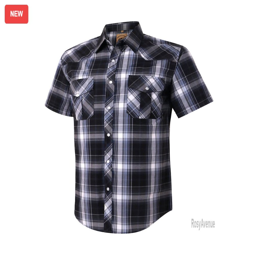 Men's Western Plaid Pearl Snap Button Short Sleeve Shirt, Two Pockets,